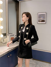 Load image into Gallery viewer, Women&#39;s Two Piece Set 2021 Autumn Winter Clothes Elegant Black Crop Top Pearl Beaded Tweed Jacket and Mini Skirt Suit Set