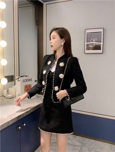 Women's Two Piece Set 2021 Autumn Winter Clothes Elegant Black Crop Top Pearl Beaded Tweed Jacket and Mini Skirt Suit Set