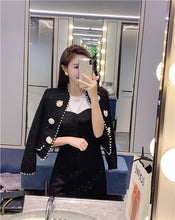 Load image into Gallery viewer, Women&#39;s Two Piece Set 2021 Autumn Winter Clothes Elegant Black Crop Top Pearl Beaded Tweed Jacket and Mini Skirt Suit Set