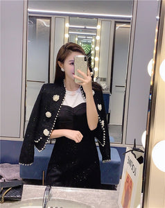 Women's Two Piece Set 2021 Autumn Winter Clothes Elegant Black Crop Top Pearl Beaded Tweed Jacket and Mini Skirt Suit Set