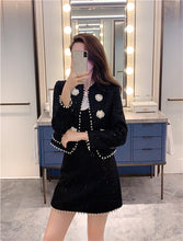 Load image into Gallery viewer, Women&#39;s Two Piece Set 2021 Autumn Winter Clothes Elegant Black Crop Top Pearl Beaded Tweed Jacket and Mini Skirt Suit Set