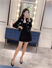 Load image into Gallery viewer, Women&#39;s Two Piece Set 2021 Autumn Winter Clothes Elegant Black Crop Top Pearl Beaded Tweed Jacket and Mini Skirt Suit Set