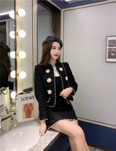 Load image into Gallery viewer, Women&#39;s Two Piece Set 2021 Autumn Winter Clothes Elegant Black Crop Top Pearl Beaded Tweed Jacket and Mini Skirt Suit Set