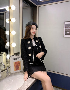 Women's Two Piece Set 2021 Autumn Winter Clothes Elegant Black Crop Top Pearl Beaded Tweed Jacket and Mini Skirt Suit Set