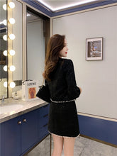 Load image into Gallery viewer, Women&#39;s Two Piece Set 2021 Autumn Winter Clothes Elegant Black Crop Top Pearl Beaded Tweed Jacket and Mini Skirt Suit Set