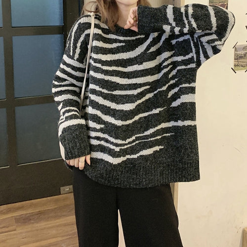 New Striped Sweater Women Oversized Soft Autumn O-Neck Chic Pullover Casual Top Knitted Loose Outwear Warm Black Clothes 2021