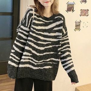 New Striped Sweater Women Oversized Soft Autumn O-Neck Chic Pullover Casual Top Knitted Loose Outwear Warm Black Clothes 2021