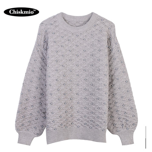 Fashion Pearl Beaded Oversize Sweater Women Knitwear Tops Thick Warm Cotton Loose Pullover Casual Pearl Sweaters Women Clothes