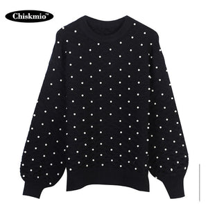 Fashion Pearl Beaded Oversize Sweater Women Knitwear Tops Thick Warm Cotton Loose Pullover Casual Pearl Sweaters Women Clothes