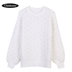 Fashion Pearl Beaded Oversize Sweater Women Knitwear Tops Thick Warm Cotton Loose Pullover Casual Pearl Sweaters Women Clothes