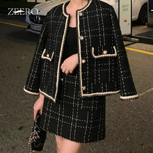 Load image into Gallery viewer, Autumn Winter Tweed 2 Piece Set Woman Vintage Plaid Three Quarter Pearl Buttons Cardigan Coat Tops + High Waist Skirt Suit 4XL