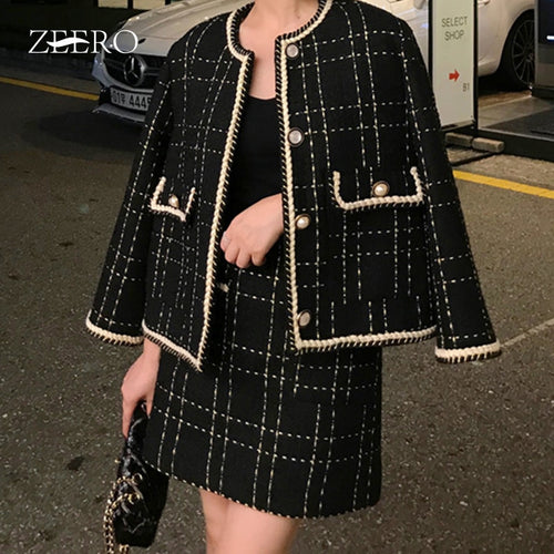 Autumn Winter Tweed 2 Piece Set Woman Vintage Plaid Three Quarter Pearl Buttons Cardigan Coat Tops + High Waist Skirt Suit 4XL