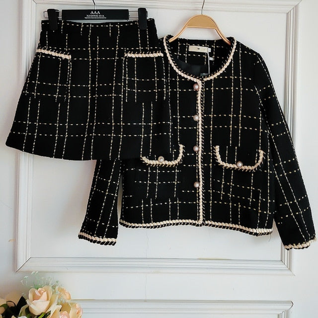 Autumn Winter Tweed 2 Piece Set Woman Vintage Plaid Three Quarter Pearl Buttons Cardigan Coat Tops + High Waist Skirt Suit 4XL