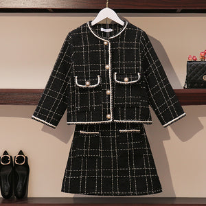 Autumn Winter Tweed 2 Piece Set Woman Vintage Plaid Three Quarter Pearl Buttons Cardigan Coat Tops + High Waist Skirt Suit 4XL