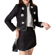 Load image into Gallery viewer, Women&#39;s Two Piece Set 2021 Autumn Winter Clothes Elegant Black Crop Top Pearl Beading Tweed Jacket and Mini Skirt Suit Sets