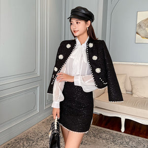 Women's Two Piece Set 2021 Autumn Winter Clothes Elegant Black Crop Top Pearl Beading Tweed Jacket and Mini Skirt Suit Sets