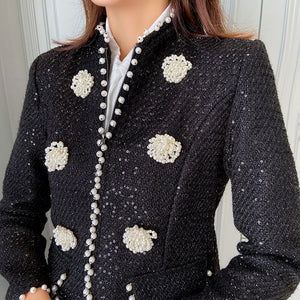 Women's Two Piece Set 2021 Autumn Winter Clothes Elegant Black Crop Top Pearl Beading Tweed Jacket and Mini Skirt Suit Sets