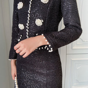 Women's Two Piece Set 2021 Autumn Winter Clothes Elegant Black Crop Top Pearl Beading Tweed Jacket and Mini Skirt Suit Sets