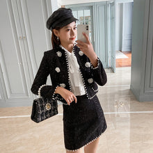 Load image into Gallery viewer, Women&#39;s Two Piece Set 2021 Autumn Winter Clothes Elegant Black Crop Top Pearl Beading Tweed Jacket and Mini Skirt Suit Sets