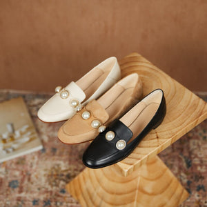 Smeeroon 2021 Big Size 34-40 Genuine Leather Single Shoes Women Pumps Top Quality Pearl Spring Summer Casual Shoes Ladies