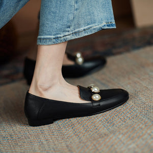 Smeeroon 2021 Big Size 34-40 Genuine Leather Single Shoes Women Pumps Top Quality Pearl Spring Summer Casual Shoes Ladies