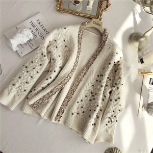 Knitwear Women Spring Winter New Fashion Heavy Pearl Beaded Thickening Warm Knit Cardigan Coat Girl Ladies Knitting Sweater Tops