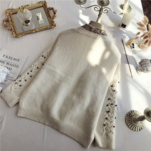 Knitwear Women Spring Winter New Fashion Heavy Pearl Beaded Thickening Warm Knit Cardigan Coat Girl Ladies Knitting Sweater Tops