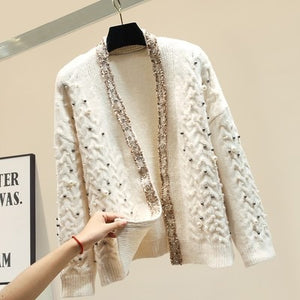 Knitwear Women Spring Winter New Fashion Heavy Pearl Beaded Thickening Warm Knit Cardigan Coat Girl Ladies Knitting Sweater Tops