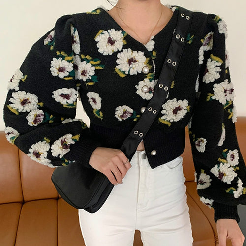 Korean Style Chic 3d Flower Print Women Jacket Autumn Winter Vintage V-neck Chic Pearl Button Coat Loose Puff Sleeve Tops