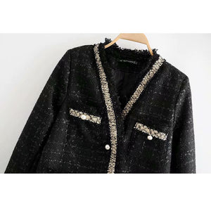 Autumn V-neck Long Sleeve Small Fragrant Pearl Buckle Women's Jacket Coat Vintage Casual Fashion Chic Female Tops