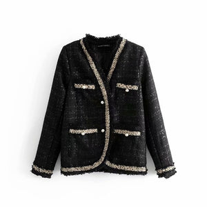 Autumn V-neck Long Sleeve Small Fragrant Pearl Buckle Women's Jacket Coat Vintage Casual Fashion Chic Female Tops