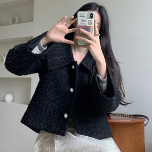 Women Jacket 2021 New Autumn Lapel Single Row Pearl Button Loose Long Sleeve Tweed Women Clothes Short Coat Top