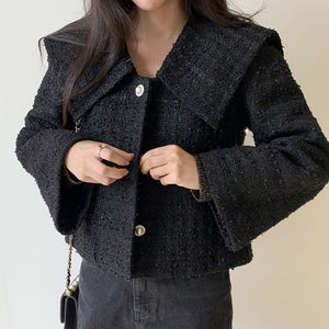 Women Jacket 2021 New Autumn Lapel Single Row Pearl Button Loose Long Sleeve Tweed Women Clothes Short Coat Top