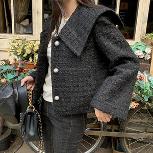 Women Jacket 2021 New Autumn Lapel Single Row Pearl Button Loose Long Sleeve Tweed Women Clothes Short Coat Top