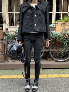 Women Jacket 2021 New Autumn Lapel Single Row Pearl Button Loose Long Sleeve Tweed Women Clothes Short Coat Top