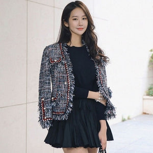 High Quality Tweed Jacket Ladies 2021 Runway Coat Autumn Winter Women Tweed Jackets Coats Tassel Pearl Patchwork Top Overcoats