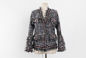 High Quality Tweed Jacket Ladies 2021 Runway Coat Autumn Winter Women Tweed Jackets Coats Tassel Pearl Patchwork Top Overcoats