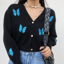 Load image into Gallery viewer, Women Shoulder V Neck Embroidery Butterfly Knit Cardigan With Balloon Lantern Sleeve Knit Tops Sweater Women 2021 Winter KKEI