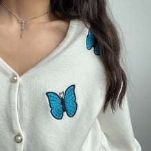 Load image into Gallery viewer, Women Shoulder V Neck Embroidery Butterfly Knit Cardigan With Balloon Lantern Sleeve Knit Tops Sweater Women 2021 Winter KKEI