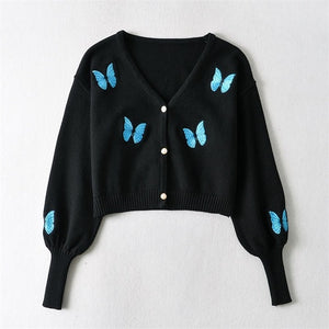 Women Shoulder V Neck Embroidery Butterfly Knit Cardigan With Balloon Lantern Sleeve Knit Tops Sweater Women 2021 Winter KKEI