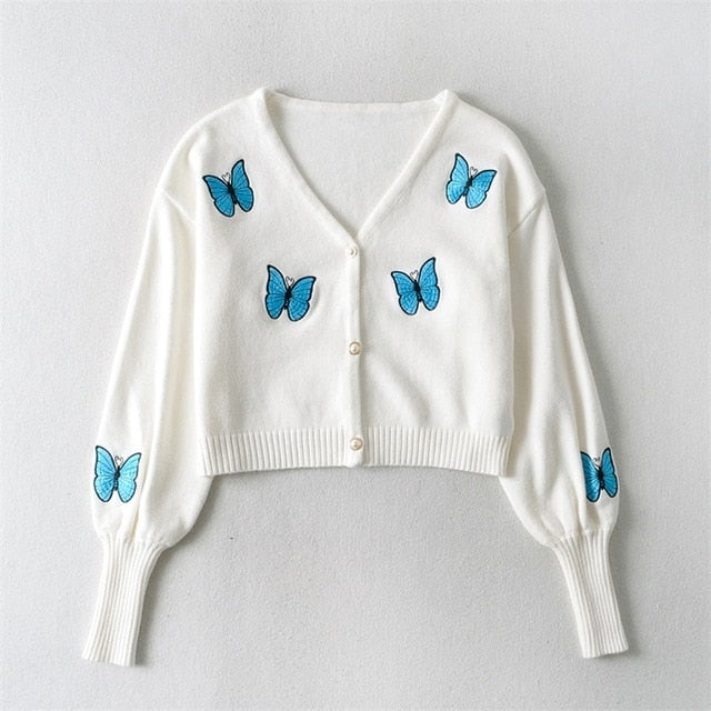 Women Shoulder V Neck Embroidery Butterfly Knit Cardigan With Balloon Lantern Sleeve Knit Tops Sweater Women 2021 Winter KKEI