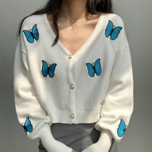 Load image into Gallery viewer, Women Shoulder V Neck Embroidery Butterfly Knit Cardigan With Balloon Lantern Sleeve Knit Tops Sweater Women 2021 Winter KKEI