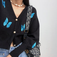 Load image into Gallery viewer, Women Shoulder V Neck Embroidery Butterfly Knit Cardigan With Balloon Lantern Sleeve Knit Tops Sweater Women 2021 Winter KKEI