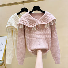 Load image into Gallery viewer, 2021 New Beading Sweater Fashion Lady Winter Tops Peter Pan Collar Pearl Tassels Loose Knitting Shirt Women