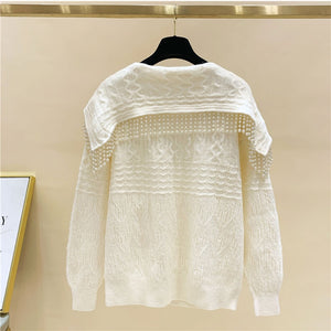 2021 New Beading Sweater Fashion Lady Winter Tops Peter Pan Collar Pearl Tassels Loose Knitting Shirt Women