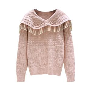 2021 New Beading Sweater Fashion Lady Winter Tops Peter Pan Collar Pearl Tassels Loose Knitting Shirt Women