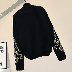 Stylish Knitted Shirt Pearls Flower Pattern Fall Tops Fashion Lady Loose Beading Pullover Black Sweater Women