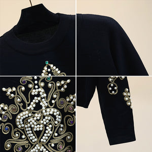 Stylish Knitted Shirt Pearls Flower Pattern Fall Tops Fashion Lady Loose Beading Pullover Black Sweater Women