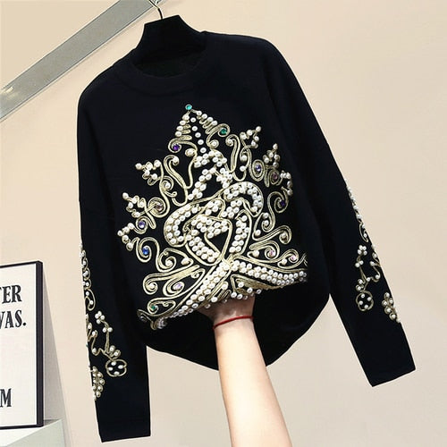 Stylish Knitted Shirt Pearls Flower Pattern Fall Tops Fashion Lady Loose Beading Pullover Black Sweater Women