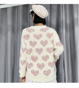 Thick Winter Sweaters for Women Heart Print Sweet Love Pearl Sweater Loose Pullover Blouse Women Fashion Oversized Korean Tops